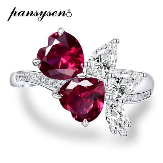 PANSYSEN Vintage 100% 925 Sterling Silver 7*7MM Heart Cut Ruby Diamond Rings for Women Wedding Engagement Fine Jewelry Ring Gift