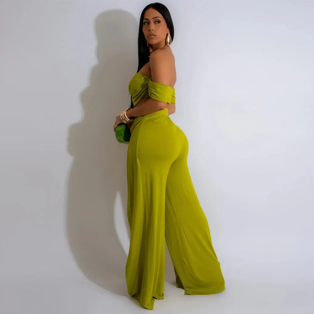 Ruched Slash Neck Top and Wide Leg Pants Set for Women