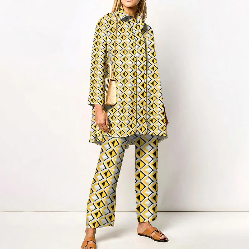 2022 Sets Womens Outfits Elegant Loungewear Print Spring Autumn 2PCS Ladies Suit Long Sleeve Wide Leg Pants Loose Fit Streetwear