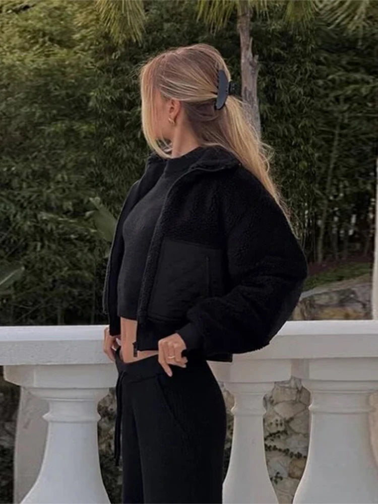 Elegant Lamb Women's Coat Vintage Stand Collar Thicken Full Sleeve Pockets Jacket Female 2025 Autumn Winter Woman Coats Outwears