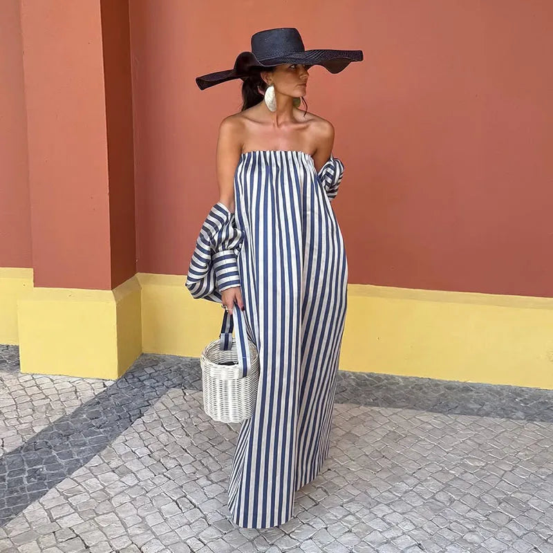 Striped Strapless Maxi Dress Set With Detachable Shawl for Women