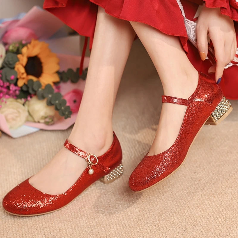 Sequined Square Toe Mary Jane Pumps