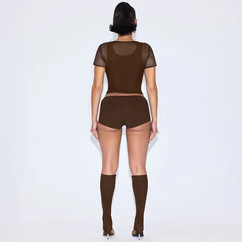 Sexy Mesh Patchwork Crop Top and Shorts Set for Women