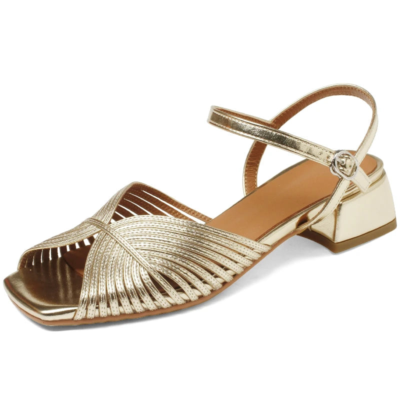 Leather Low Heel Peep Toe Sandals