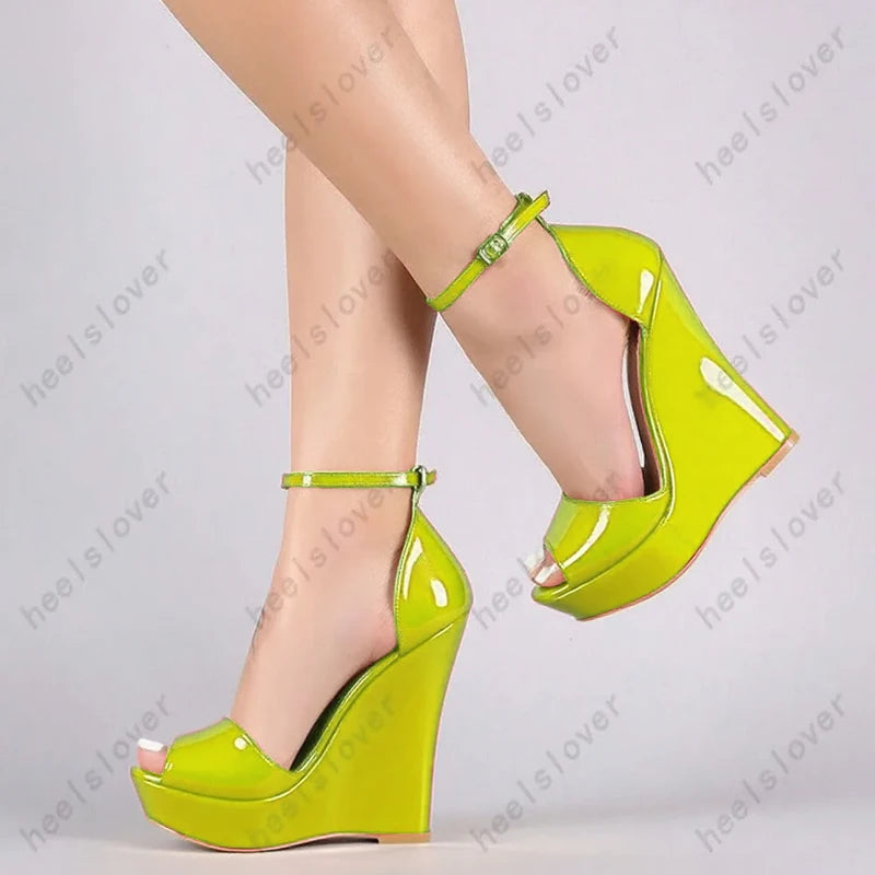 Glossy Peep Toe Platform Wedge Sandals With Buckle Strap For Women