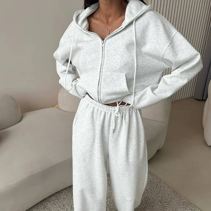 KUCLUT Fashion Sports Suit Long Sleeve Zipper Cardigan Hooded Sweatshirt Drawstring Elastic Trousers Two-piece Set Female 1A717