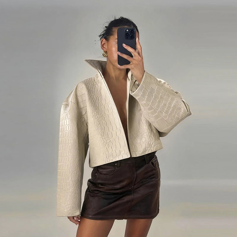 Retro Snake Print Faux Leather Cropped Jacket for Women