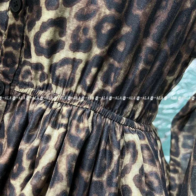 Spring Popular Retro Classic Leopard Pattern Single-Breasted Lantern Sleeve Shirt Layered Dress Puffy Cinched Short Dress Female