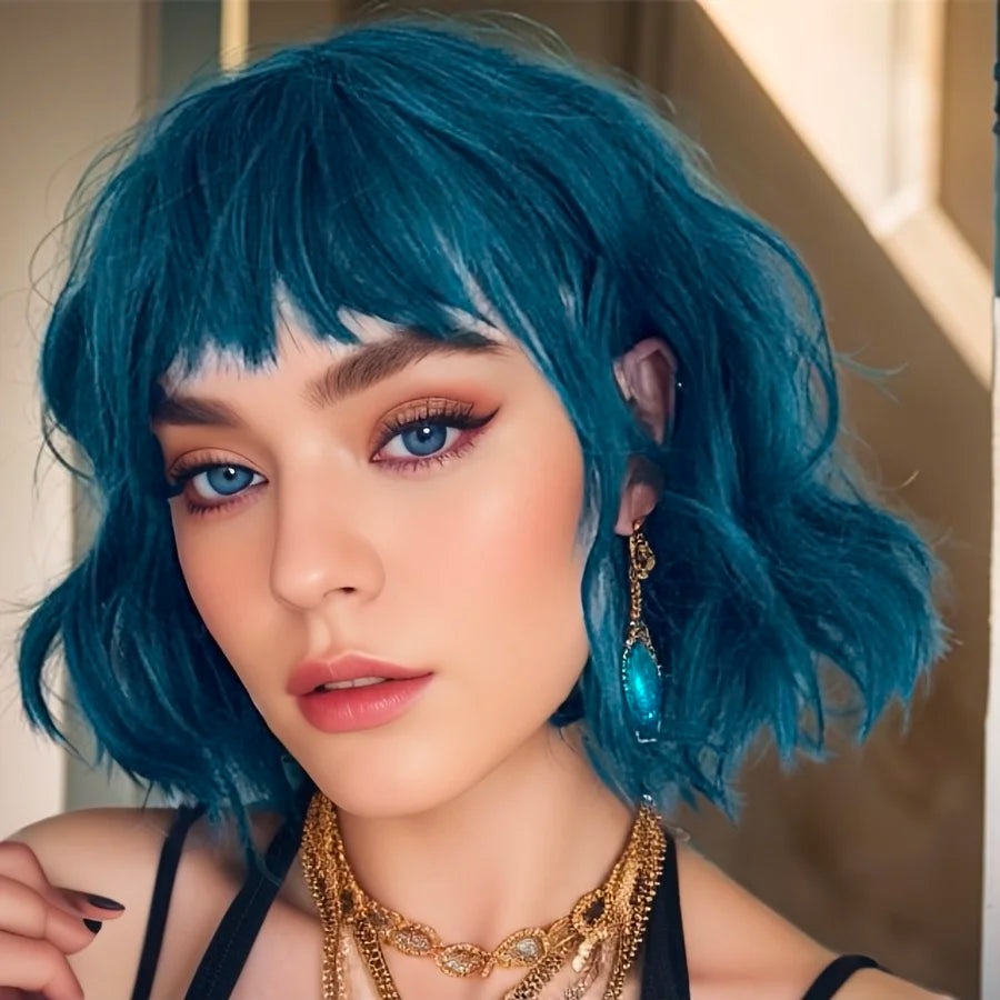 Heat Resistant Blue Body Wave Bob Wig With Bangs For Women