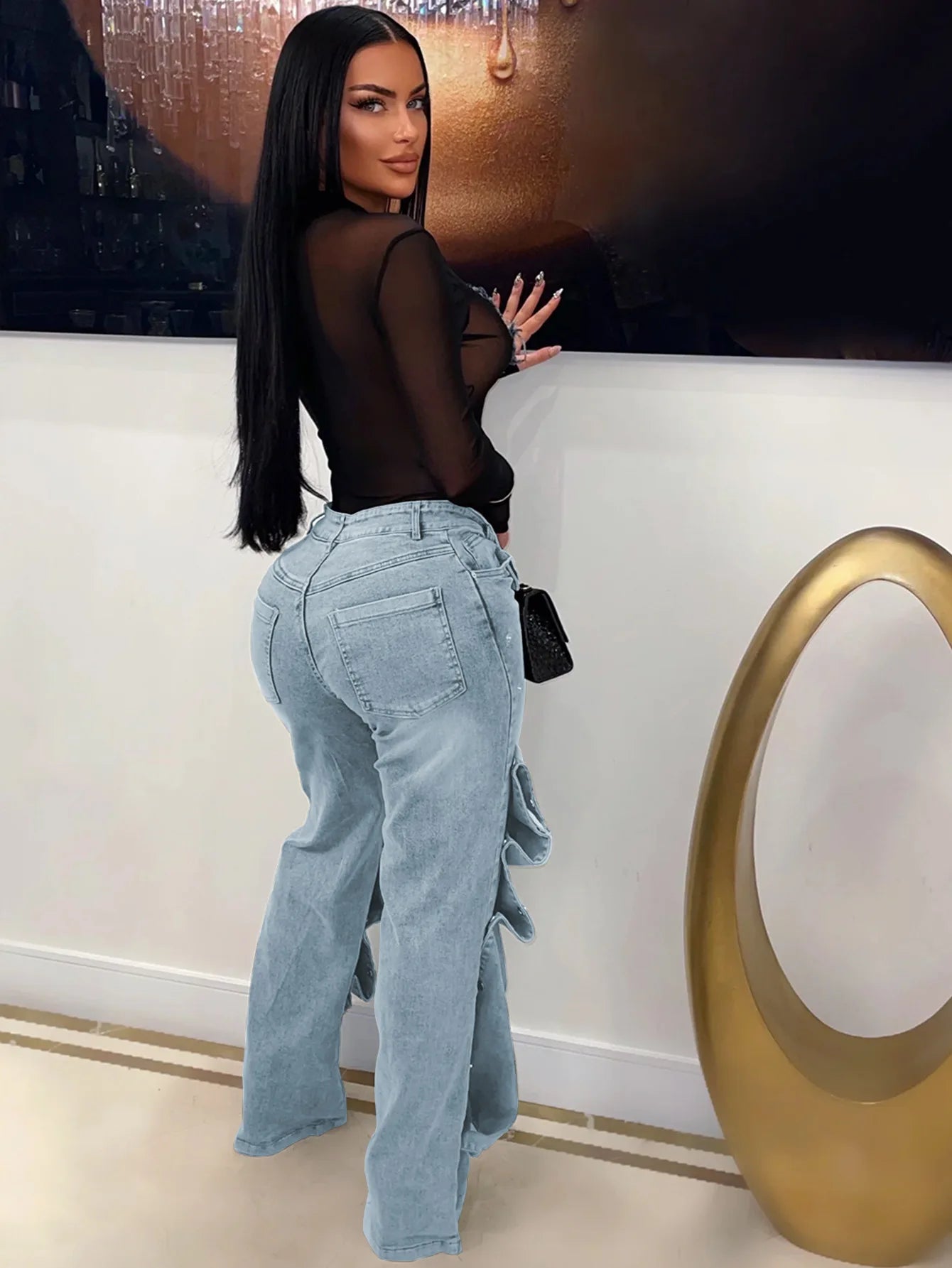 Classic Blue High Waist Straight Cargo Pants for Women