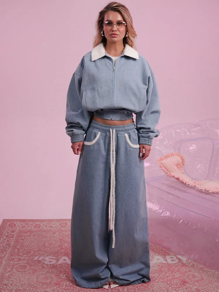 Contrast Lapel Zip Up Denim Jacket and Trousers Set for Women