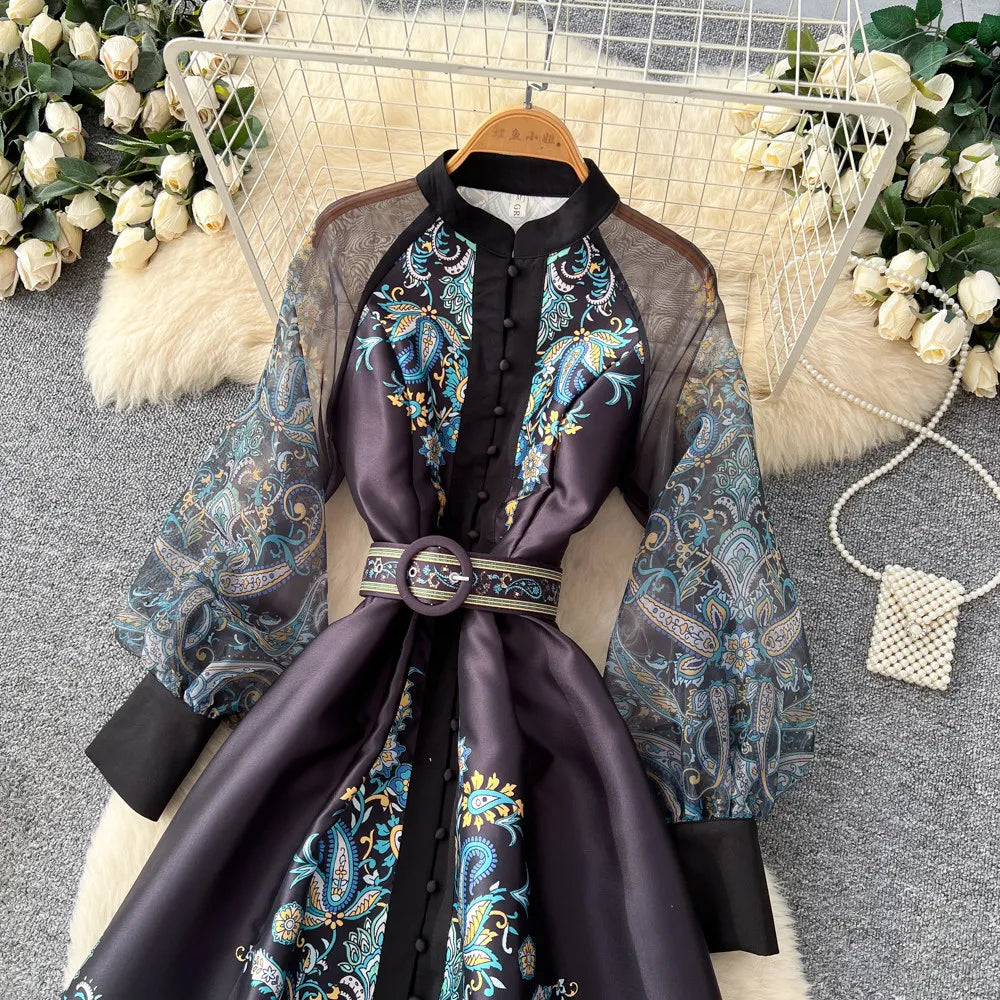 Elegant Printed Mesh Spliced A Line Maxi Dress for Women