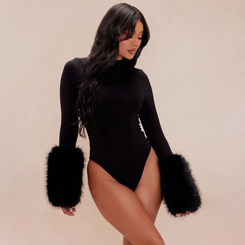 Long Sleeve Fur Patchwork Bodysuit and Shorts Set for Women