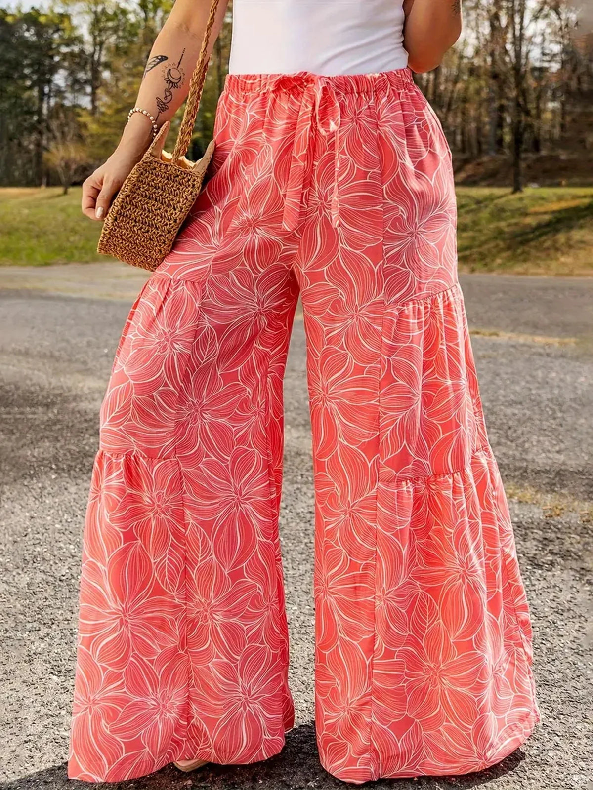 Plus Size Printed Wide Leg Elastic Waist Pants for Women