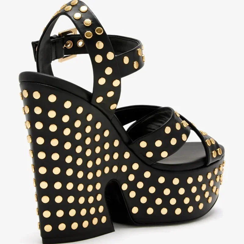 Gold Rivet High Heel Platform Leather Sandals for Women