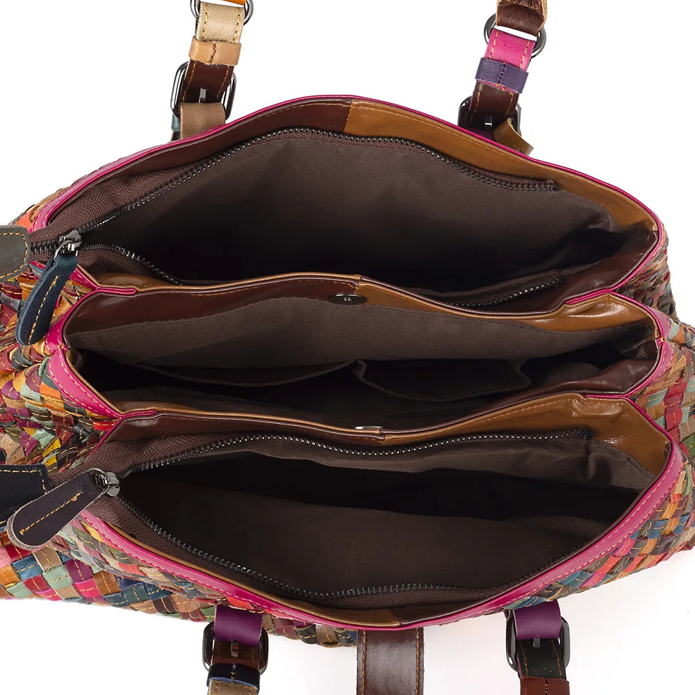 Woven tote bag, genuine leather, women's bag, cowhide, colorful retro casual buckle, women's hand-held multi-layer crossbody bag