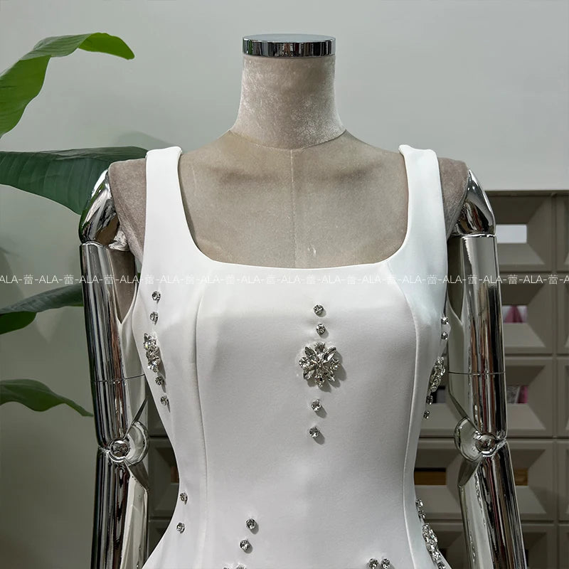 High-end Light Luxury Party Dress 2025 Summer Clothes New Heavy Industry Diamond Square Collar Waist Halter Bow Short Dress