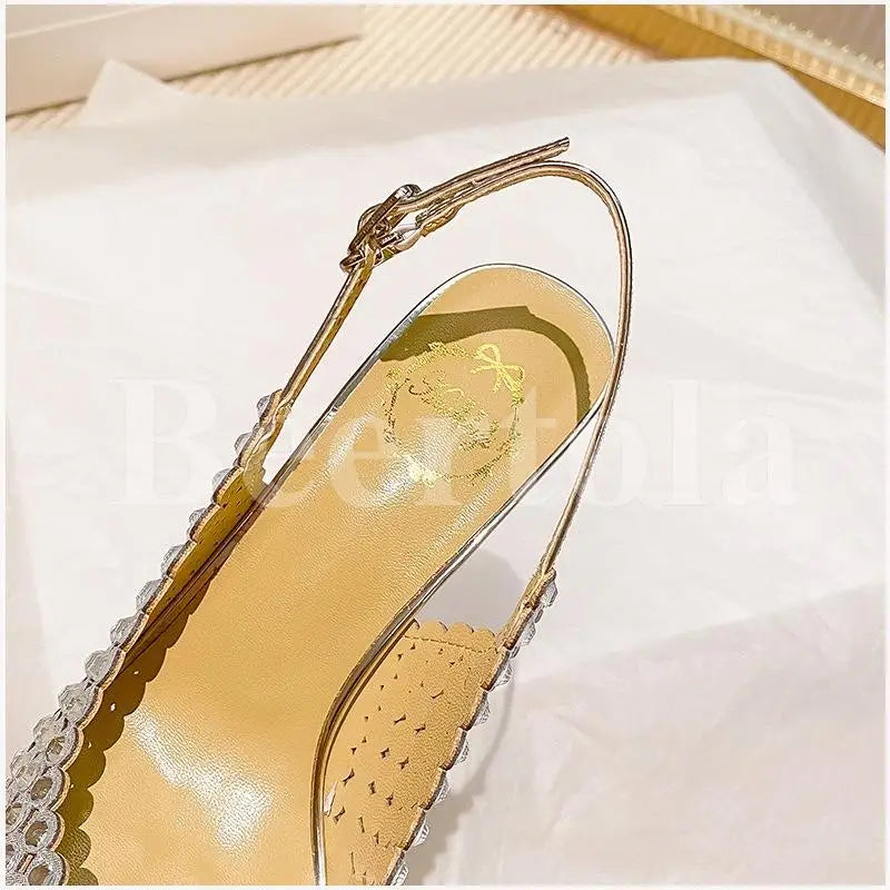New Rhinestones Woman Sandals Diamond Pointed Toe Shallow Thin High Heels Back Strap Stilettos Female Wedding Bride Sandals