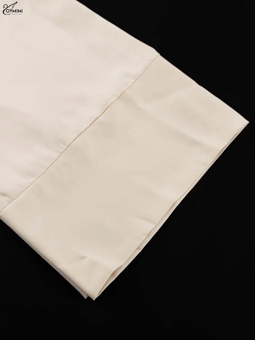 Oymimi Elegant Apricot 2 Piece Sets Women Outfit Fashion Long Sleeve Lace-Up Shirts And High Waist Straight Simple Trousers Sets