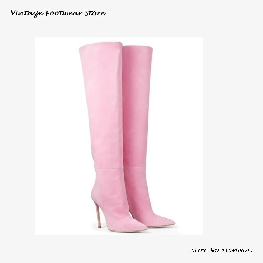 Yellow Suede Pointed Toe Knee-High Boots for Women