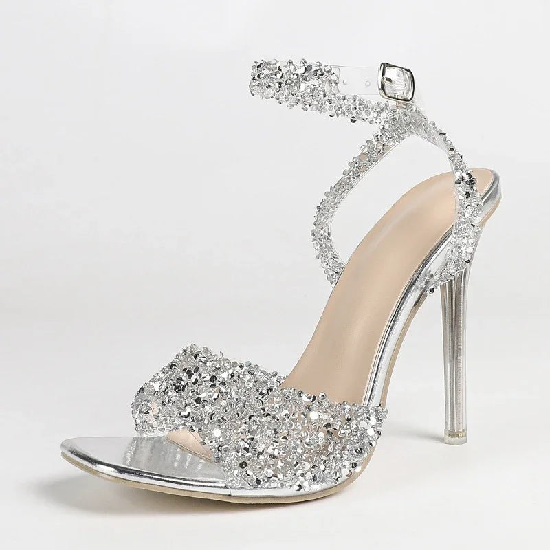 Glitter Rhinestone Ankle Strap High Heel Sandals for Women