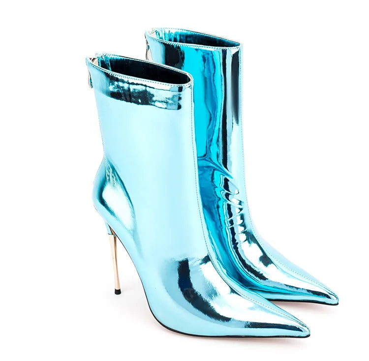 Shiny Blue Mirror Stiletto Boots with Side Zipper for Women