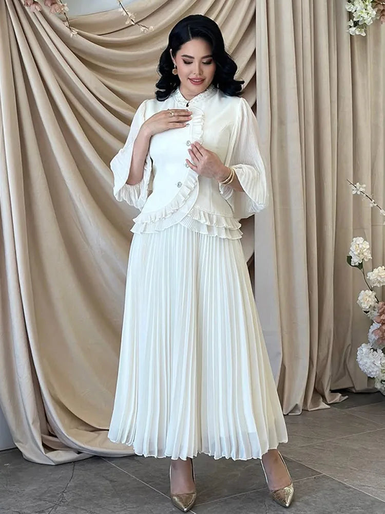 Ruffle Lantern Sleeve Top and Pleated Skirt Set for Women
