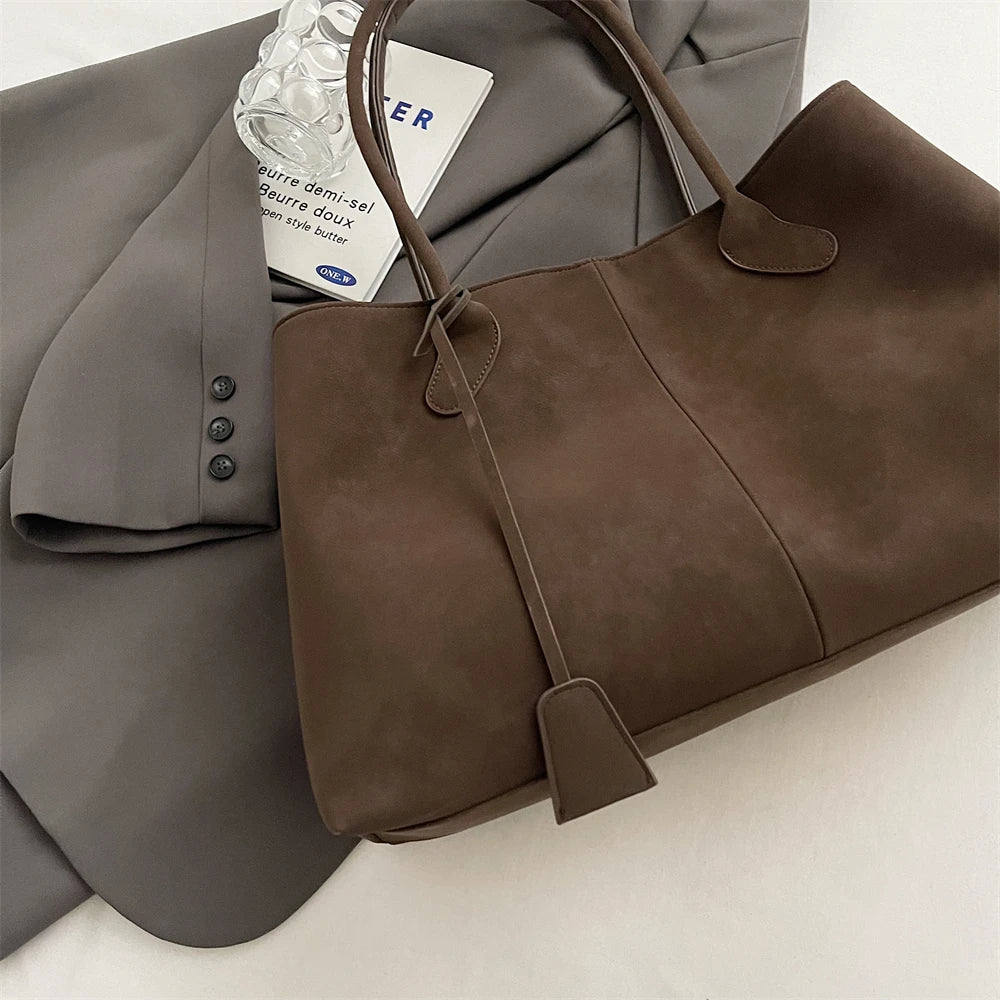 Luxurious Faux Suede Pure Color Retro Shoulder Tote Bag for Women