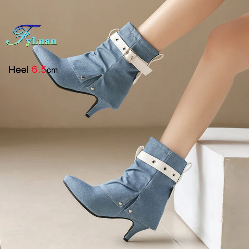 Western Style Denim Autumn Pointy Toe Ankle Boots With Belt Buckle for Women