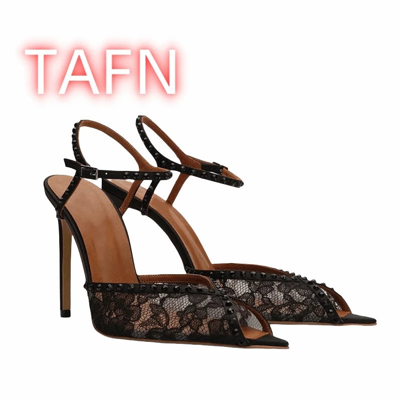 White Rhinestone Lace Sandals With Ankle Buckle for Women