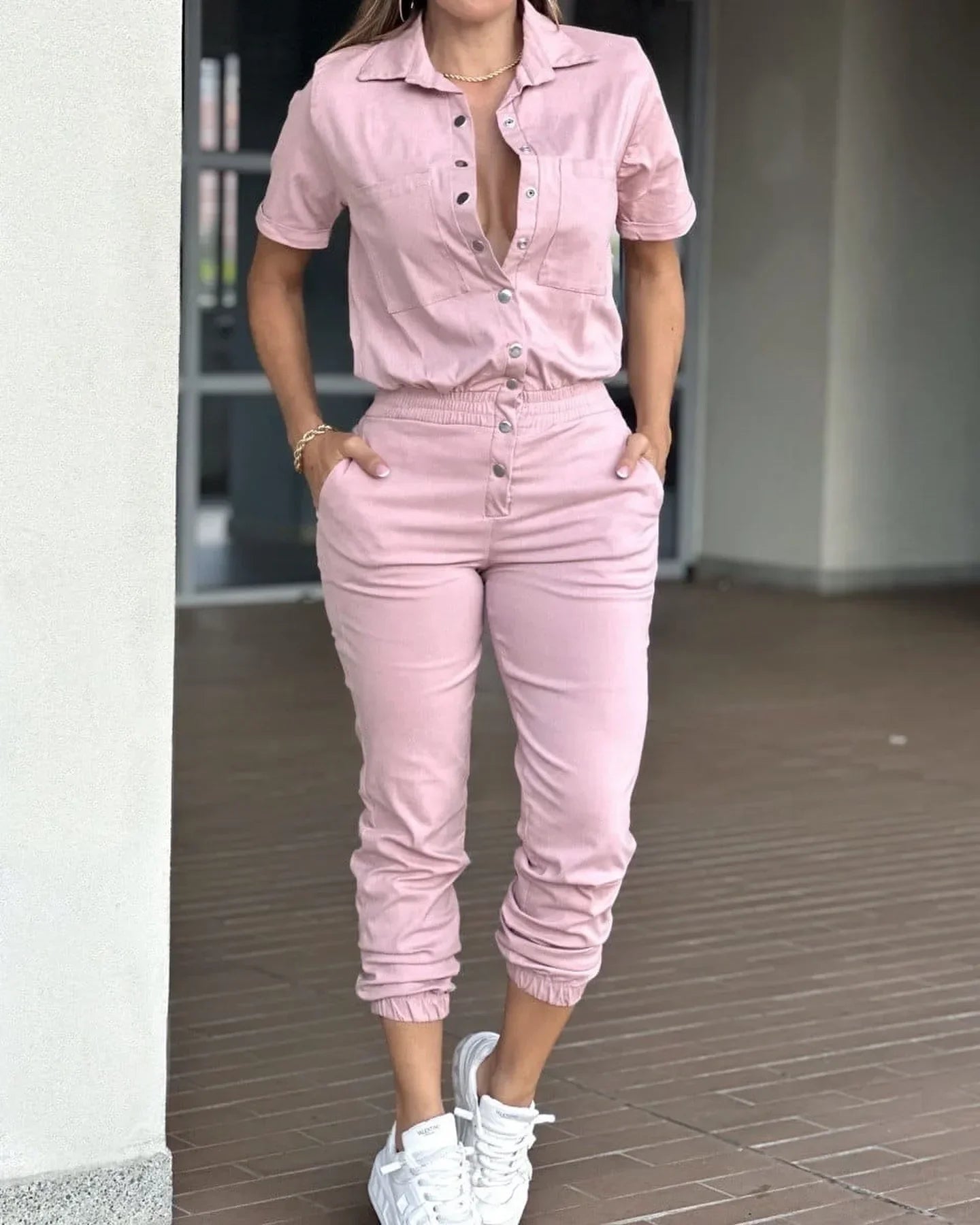 Women's Jumpsuit Summer 2025 Fashion Ankle Tied with A Lapel Pocket and Elastic Buttons At The Waist Short Sleeved Bodysuit Pant
