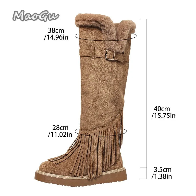 Faux Fur Lined Suede Knee High Fringe Boots for Women