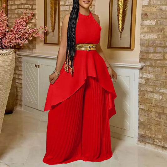 2 Pieces Pants Sets Womens Outfits Blouse Extra Long Sleeveless Backless Belt Waisted & Wide Leg Pants Pleated Floor Length Sets