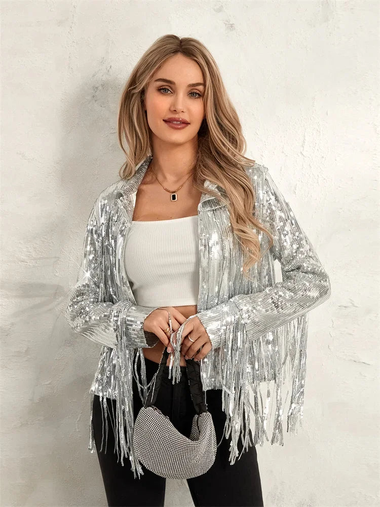 Glam Eighties Inspired Sequin Tassel Lapel Open Front Jacket for Women