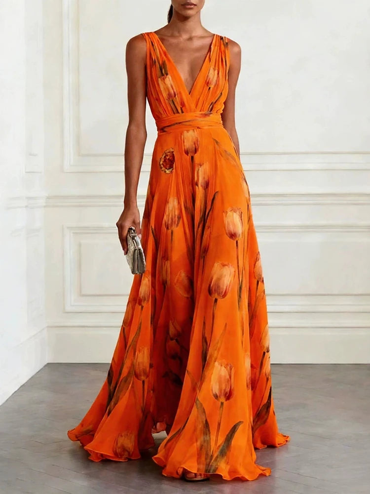 Elegant Deep V-neck Chiffon Long Dress Summer Fashion Pattern Print Women Dress Sexy Sleeveless Hight Waist Draped Holiday Dress
