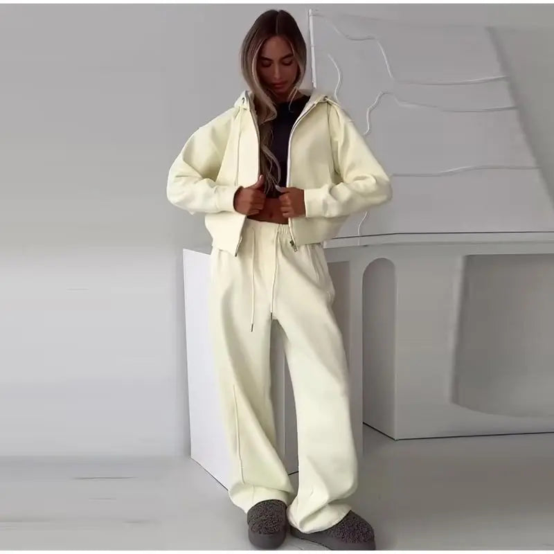 Casual Hooded Jacket and Wide Leg Pants Set for Women