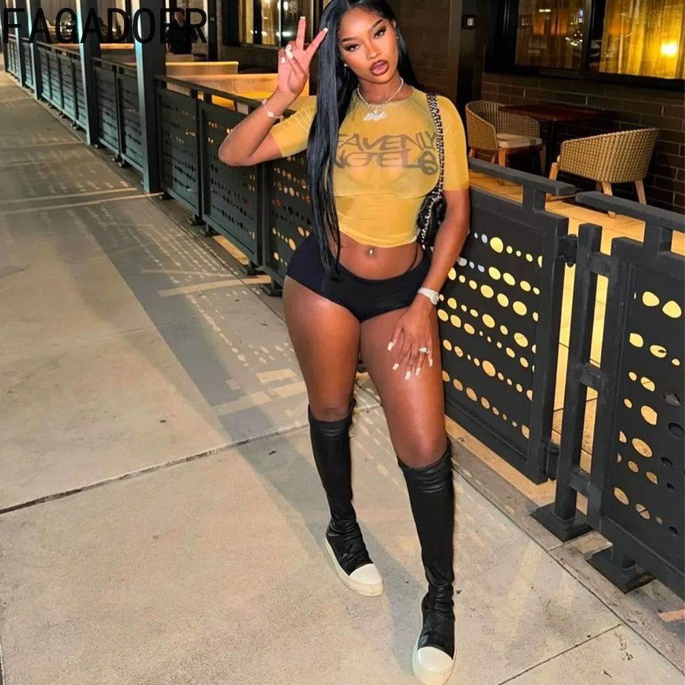 FAGADOER Y2k Fashion Mesh Letter Print 2 Piece Sets Woman Outfit See Through Short Sleeve Crop Top and Leather Short Streetwear