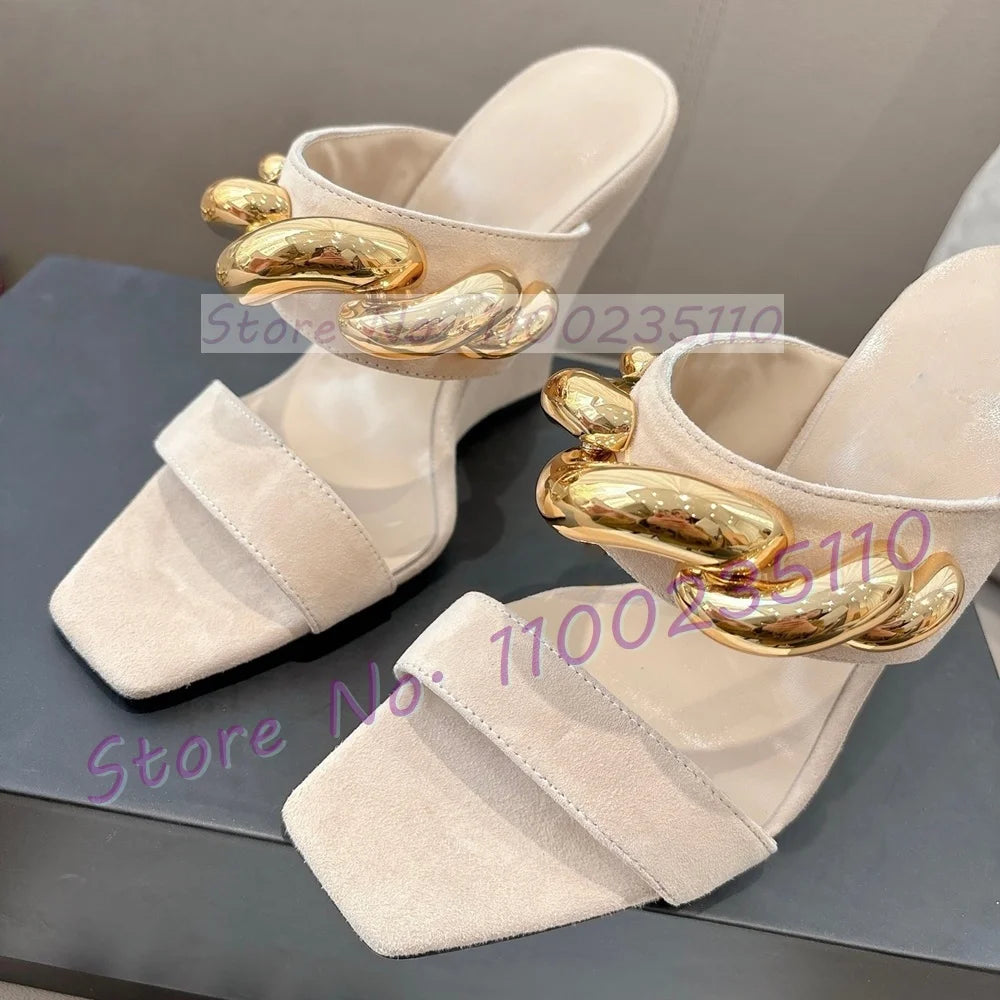 Gold Wave Metal Kid Suede Wedge Mules Women Luxury Square Open Toe Mules Front Strap Party Shallow Real Leather Beige Shoes