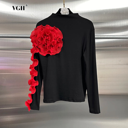 VGH Temperament Spliced Fungus Shirt For Women Turtleneck Petal Sleeve Slimming Chic Elegant Hit Color Blouse Female Spring New