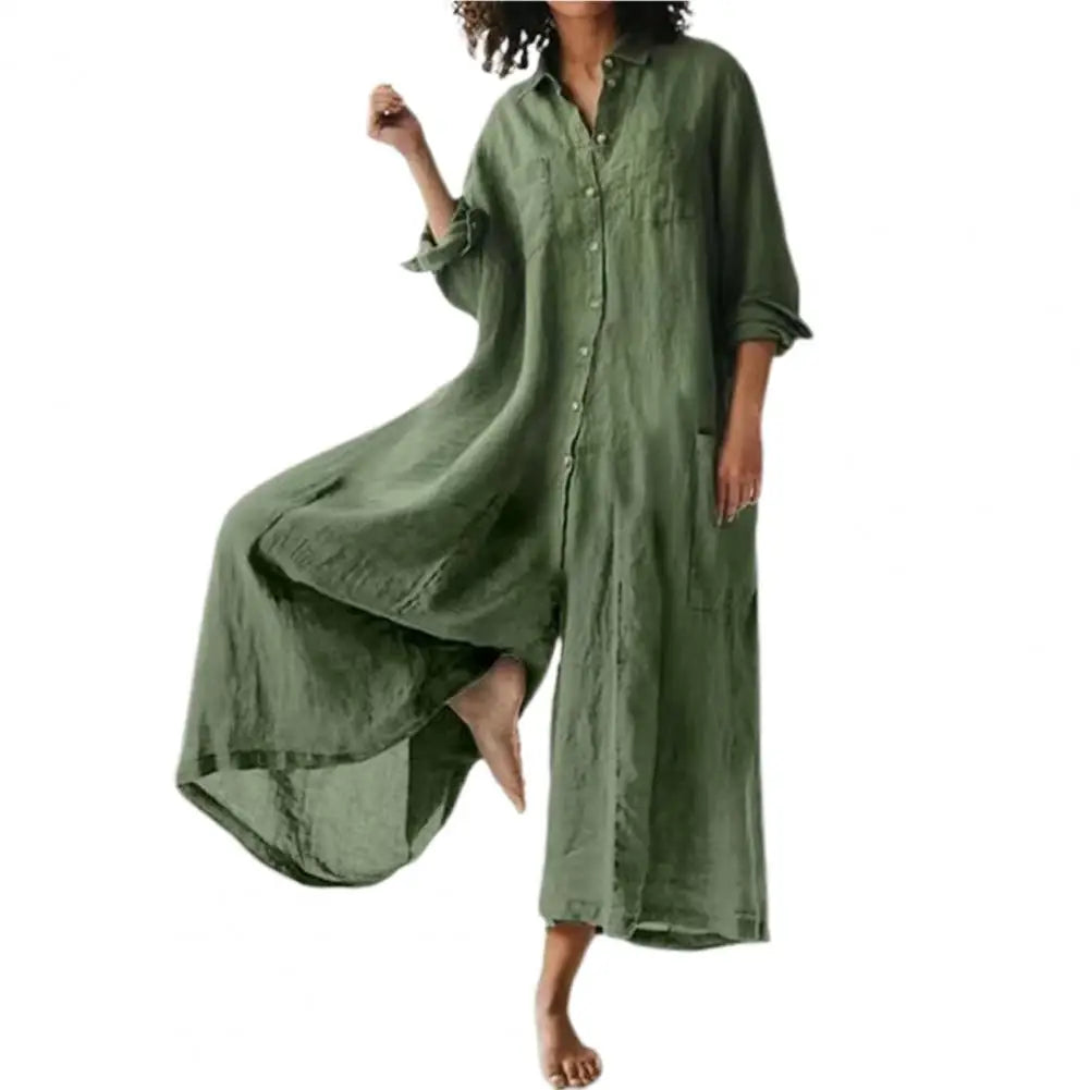 Oversized Cotton Linen Wide Leg Jumpsuit with Pockets for Women