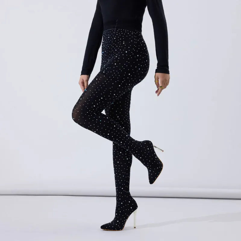 Black Lace Crystal Pointed Toe Over The Knee Boots For Women