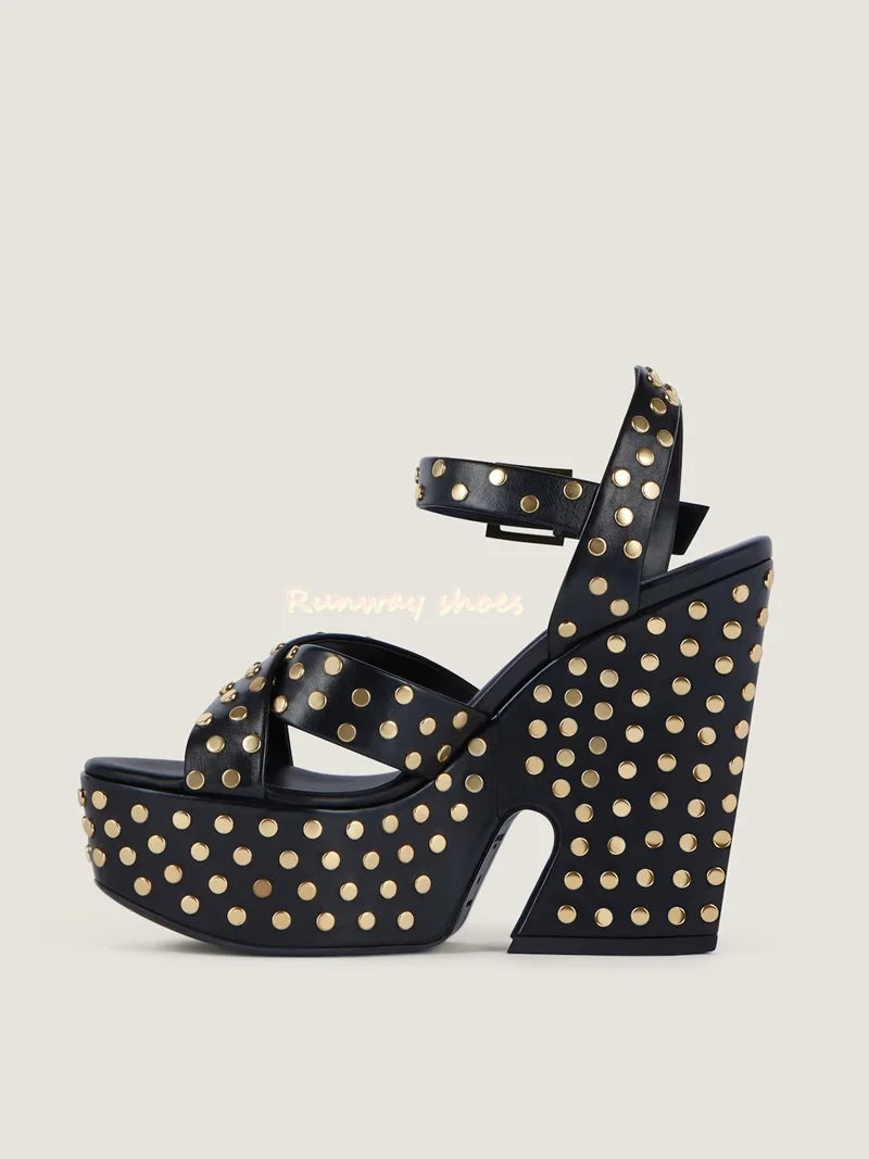 Rivet Open Toe Waterproof Buckle Sandals With Chunky Heel for Women