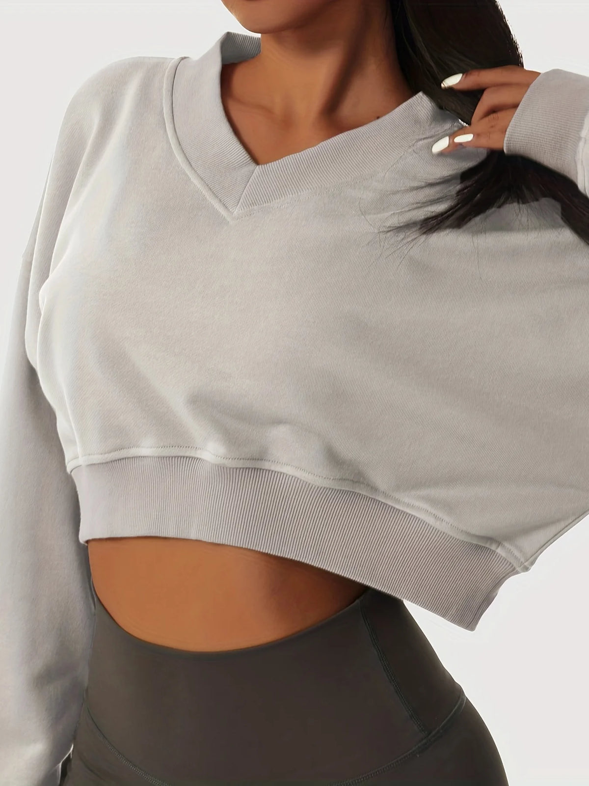 Casual Cropped V Neck Long Sleeve Sweatshirt for Women