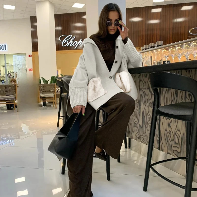 Loose Knit Fur Standup Collar Long Sleeve Pocket Cardigan for Women