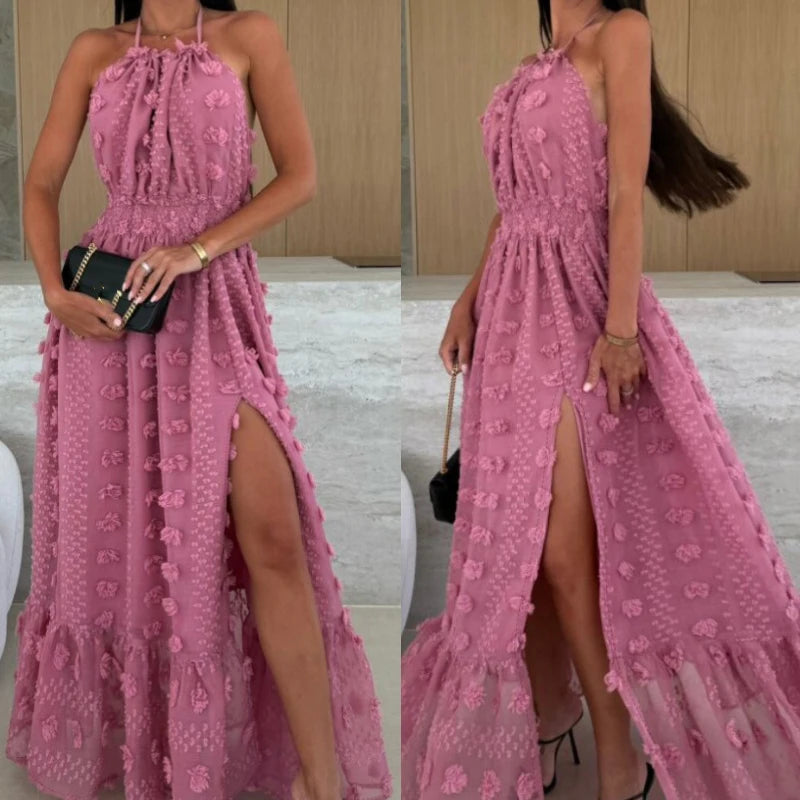 Summer Halter Jacquard Backless Maxi Dress for Women