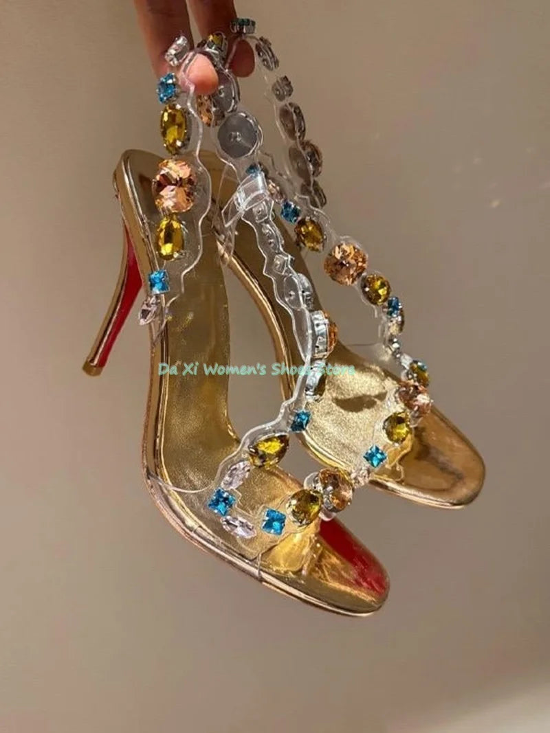 Gemstone Embellished Stiletto Sandals With Buckle Strap For Women