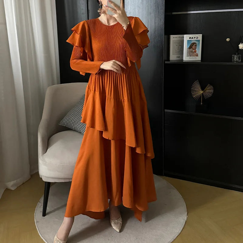 Pleated Tiered Long Sleeve Maxi Dress
