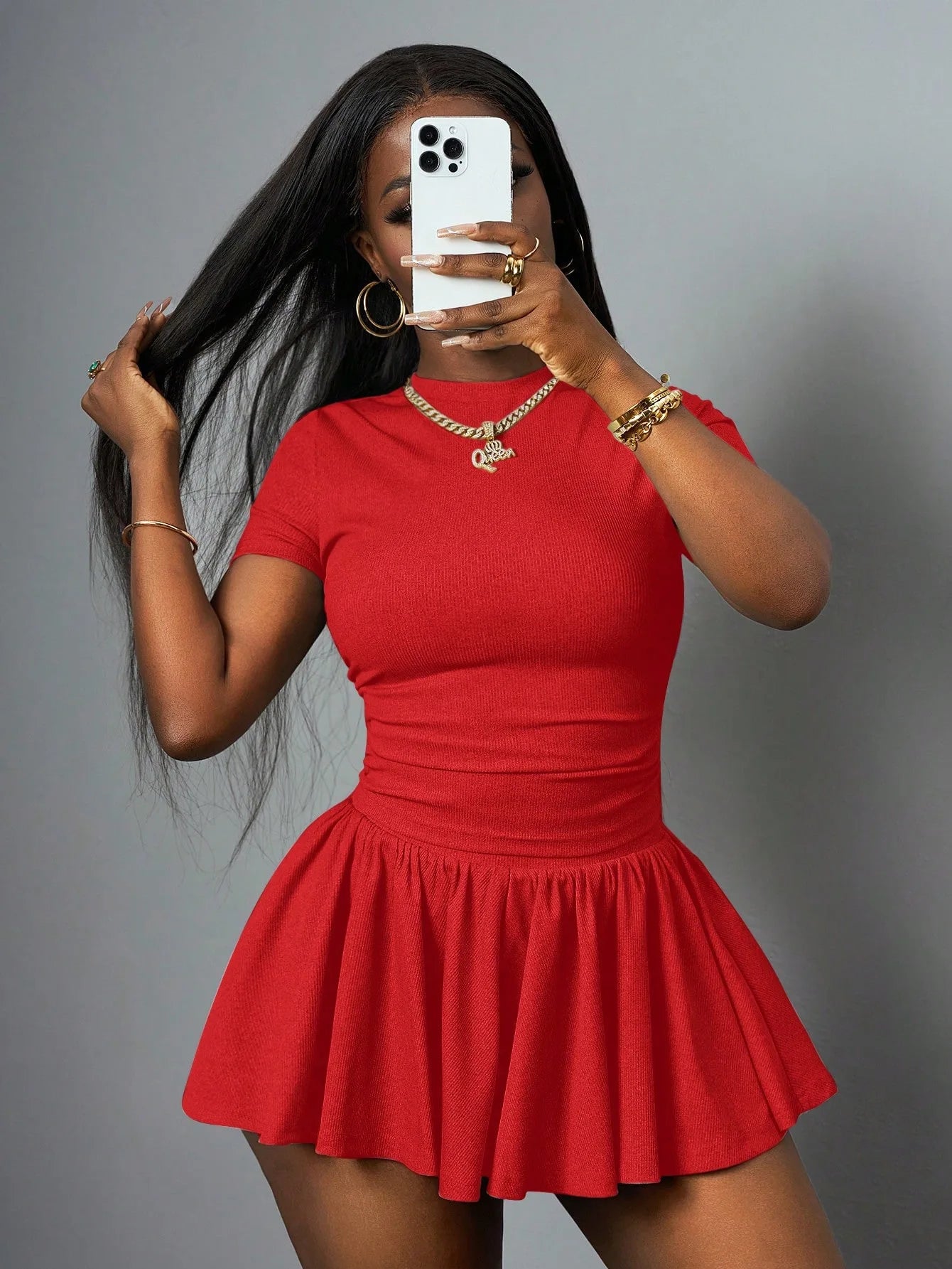 Casual Ribbed Two Piece Set with Crop Top and Pleated Skirt for Women