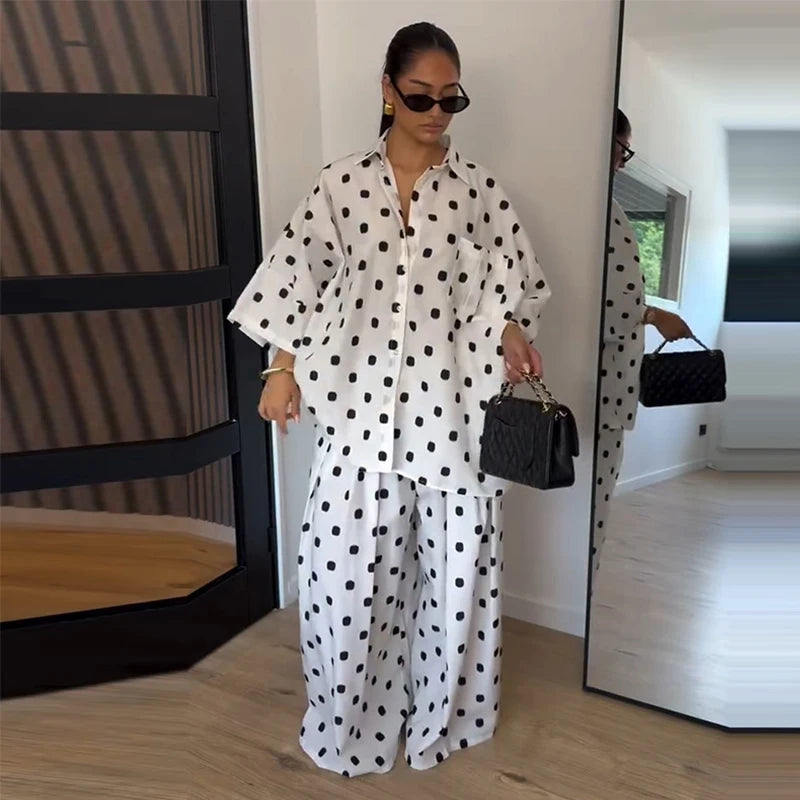 Elegant Polka Dot Shirt And Wide Leg Pants Set for Women