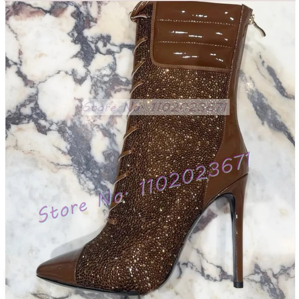 Crystal Paneled Patent Ankle Boots Women Fashion Cross Tied Pointy Toe High Heels Shoe Sexy Ladies Chocolate Brow Back-zip Boots